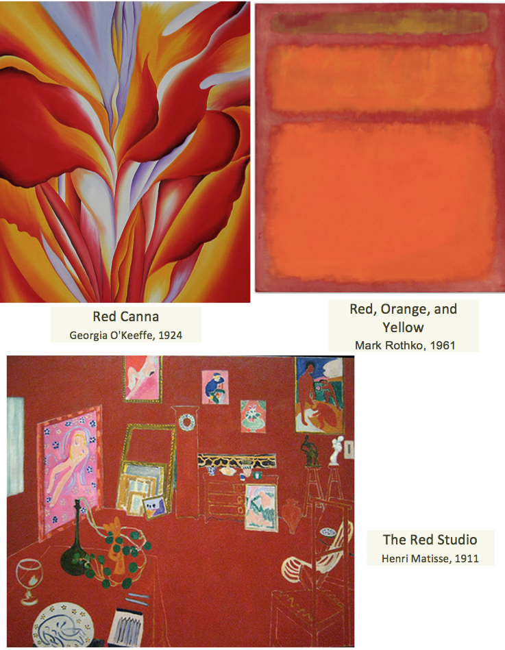 Rothko, Matisse, and O'Keeffe use the color red